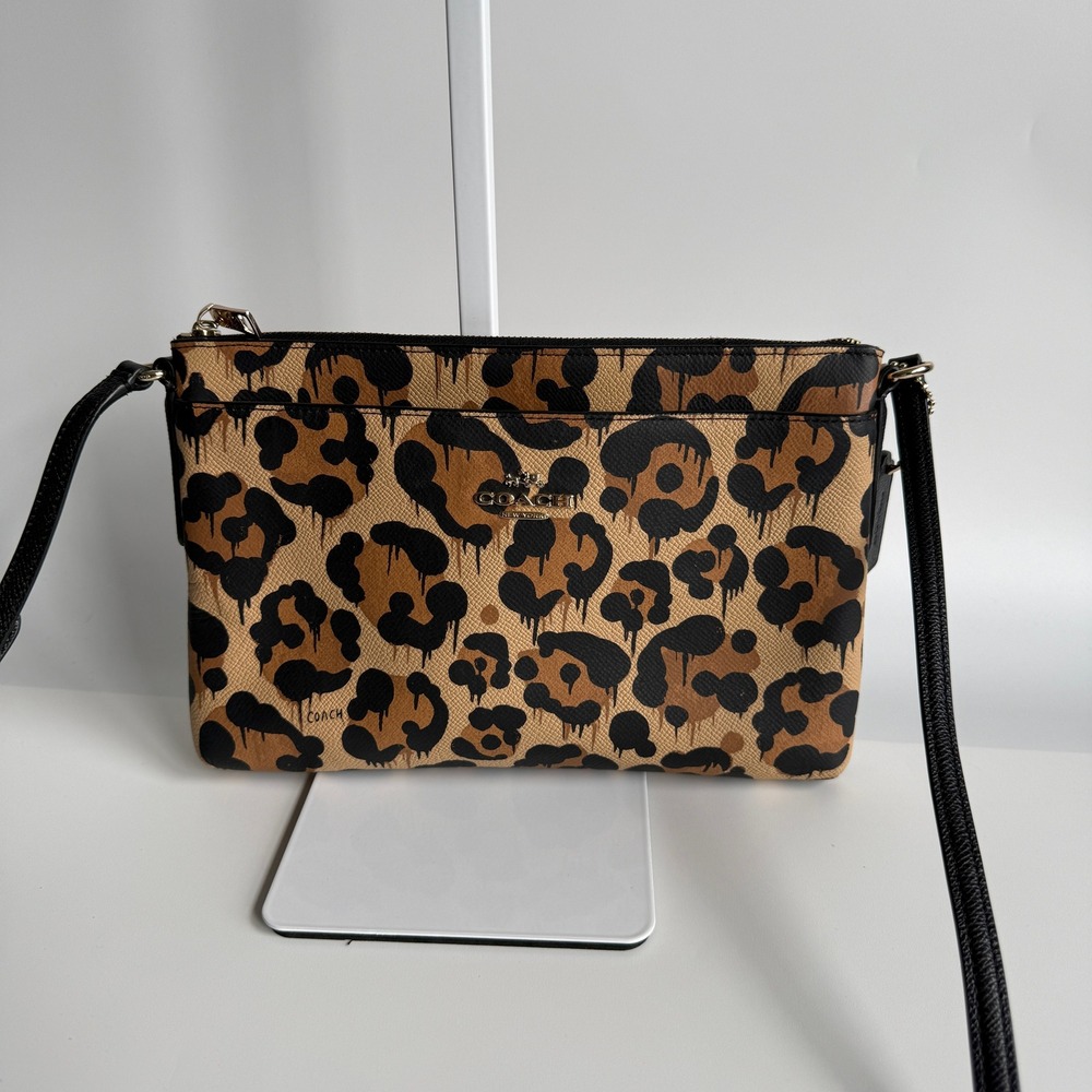 Coach Wild Beast Brown Black Leopard Drip Print Canvas Leather Crossbody F36592